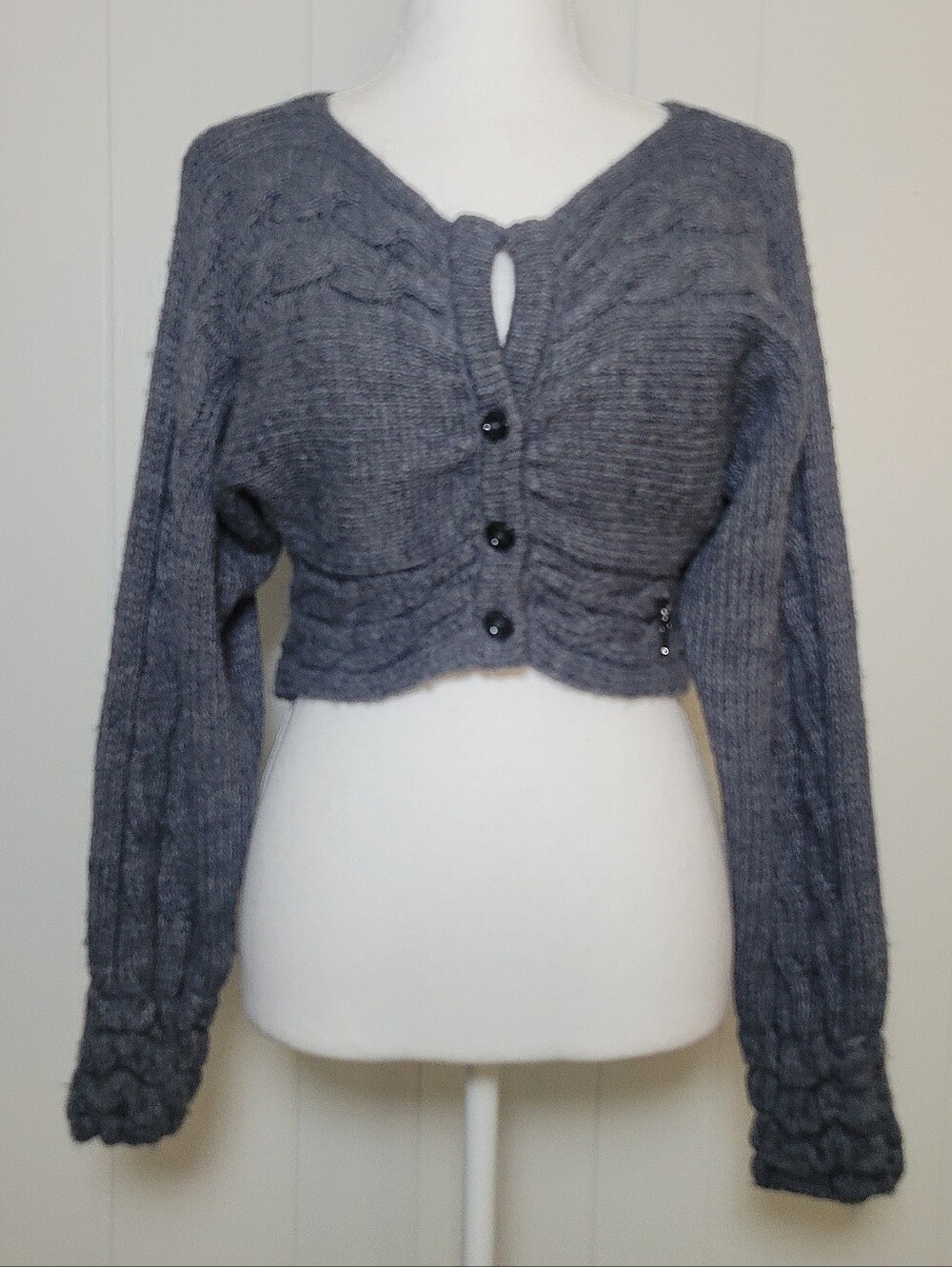 Gaudi Cropped Cable Knit Cardigan Sweater Charcoal Gray Wool Blend Shrug SM
